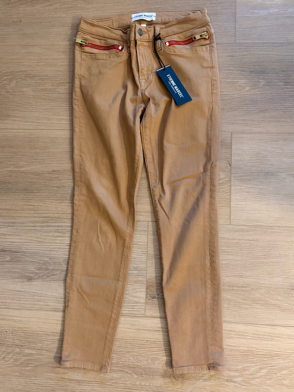 Etienne Marcel Camel Tan Skinny Jeans 27 Red Zipper Hardware Moto Utility.